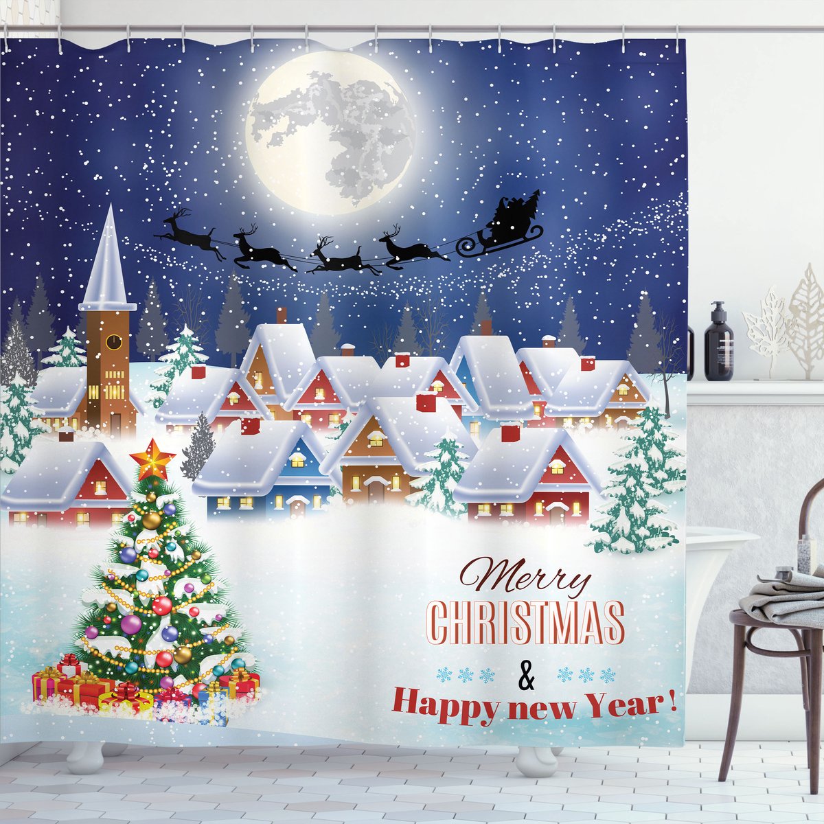 ABAKUHAUS Douchegordijn – Winter-Hemel-Maan-Ster – 175x200 cm – wit