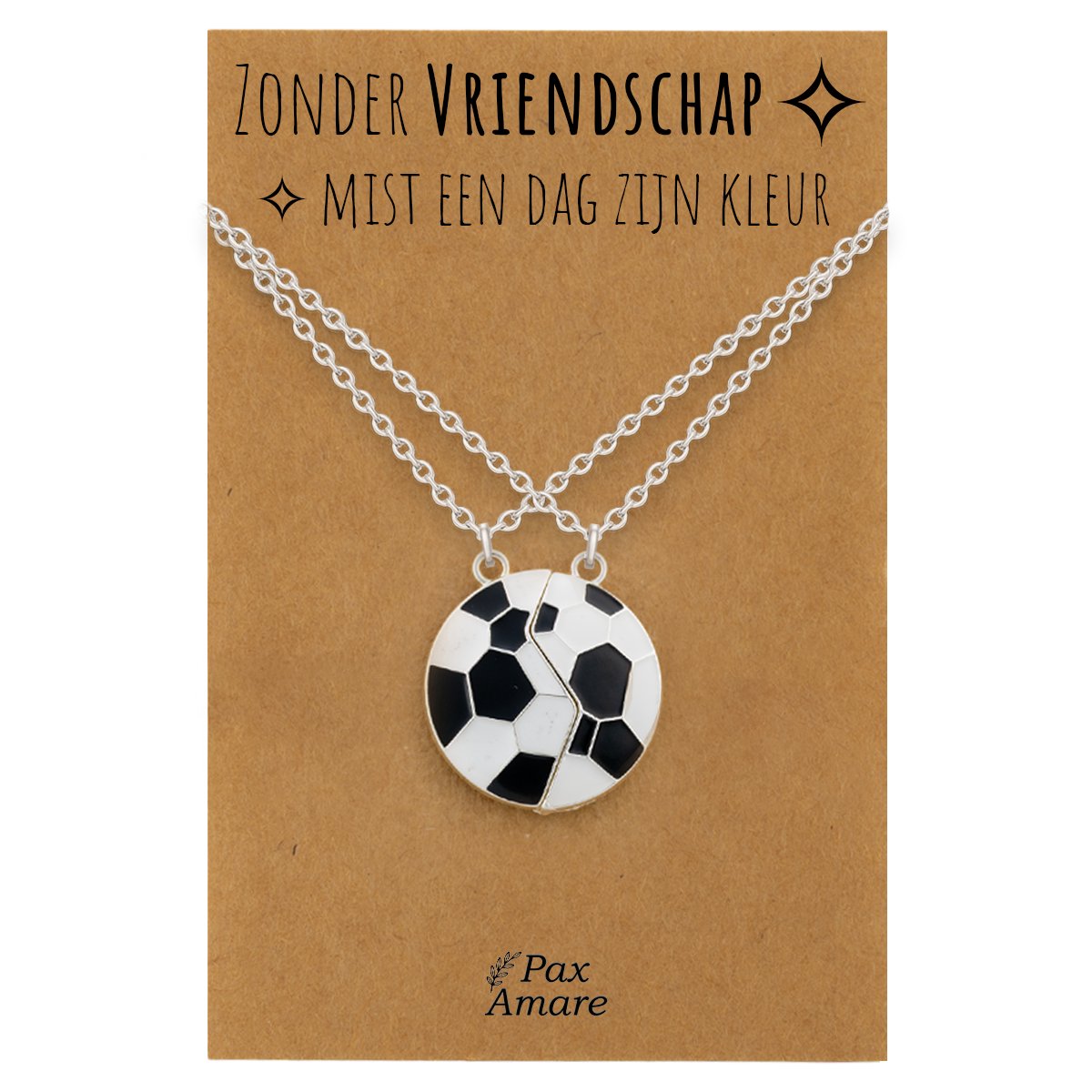 BFF Ketting voor 2 'Zonder Vriendschap mist een dag zijn kleur' - Magnetische Voetbal - Vriendschapsketting op Cadeau Kaartje - 45cm + 5cm verstelbaar - Zilverkleurig - Best Friends Hanger - Pax Amare