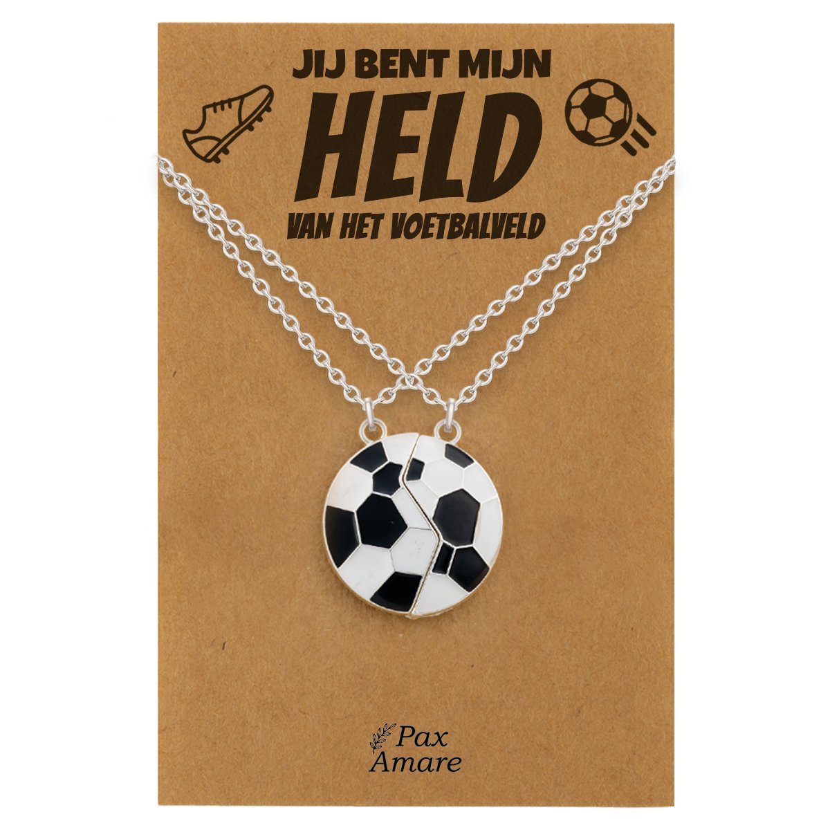 Vriendschapsketting voor 2 'Jij bent mijn held van het voetbalveld' - Magnetische Voetbal - BFF Ketting op Cadeau Kaartje - 45cm + 5cm verstelbaar - Zilverkleurig - Best Friends Hanger - Pax Amare