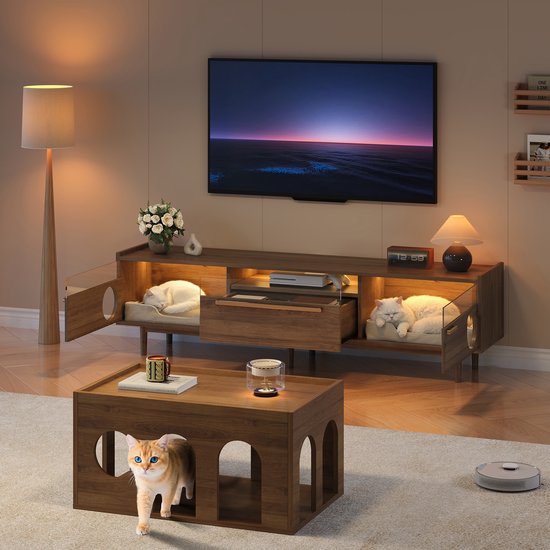 BLACKCOLORS Meuble TV + table basse, ensemble de meubles de salon combinés, ensemble de meubles TV 2 pièces, meuble TV LED, meubles pour animaux de compagnie, meuble TV avec panier pour chat, ensemble de meubles en noyer