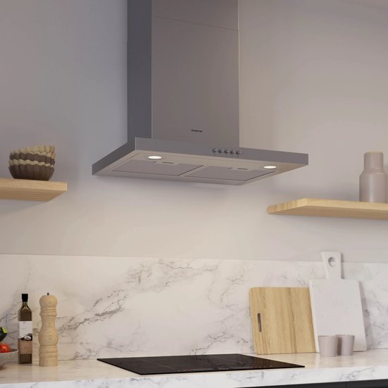 Inventum AKB6005RVS platte wandschouw afzuigkap 60 cm - Afzuigcapaciteit 630 m3/h - Geschikt voor open keuken - 3 standen - Ledspots - Luchtafvoer en recirculatie - RVS