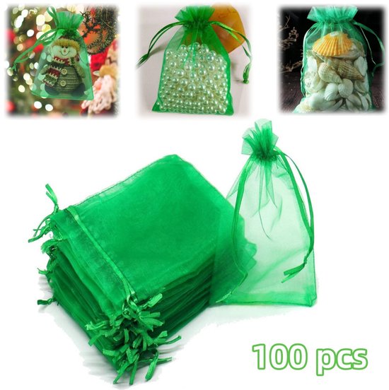 100 stuks geschenkzakjes - Organza zakjes - Juwelenzakje - Feestzakjes - Fruitbeschermende zakken - Sieradenzakje - Opbergtas met trekkoord - Mini snoepzakken - Voor het bewaren van snoep, sieraden, fruit en cadeaus (10*15cm - Groen)