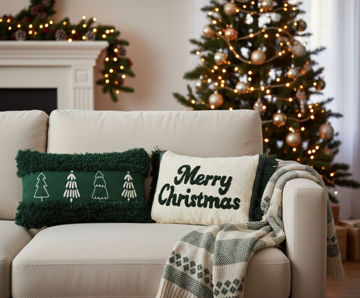 Urbane Hide | Set van 2 Kerst Kussenhoezen | Kussenhoes | Kussenhoesjes | Christmas | Kerstbomen Kerstfeest | 30x50 & 35x50 cm | 100% Katoen & polycotton | Groen & Wit | Zonder binnenkussen