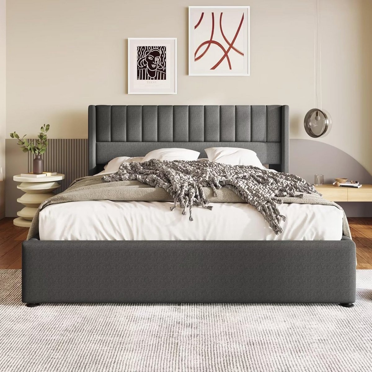 Dubbel bed met opbergruimte, 180 x 200 cm, gestoffeerd, metalen frame, houten lattenbodem, grijs
