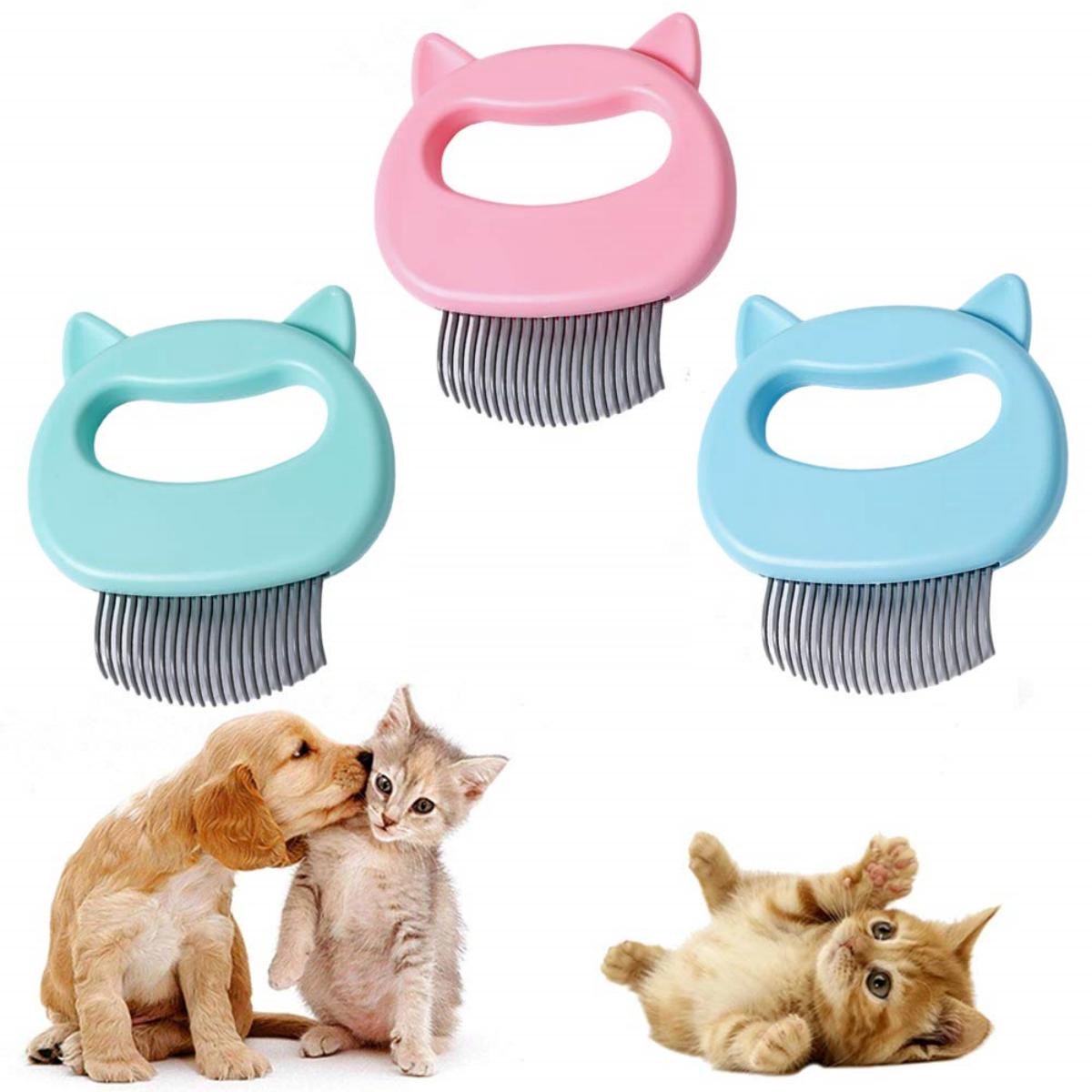 3 stuks - Slickerborstel - Geschikt voor korte en lange vachten - Zacht ontwerp - Ontklittende kam - Massagetanden - Ideaal voor katten, honden en konijnen - Verzorging van huisdieren - Diverse kleuren