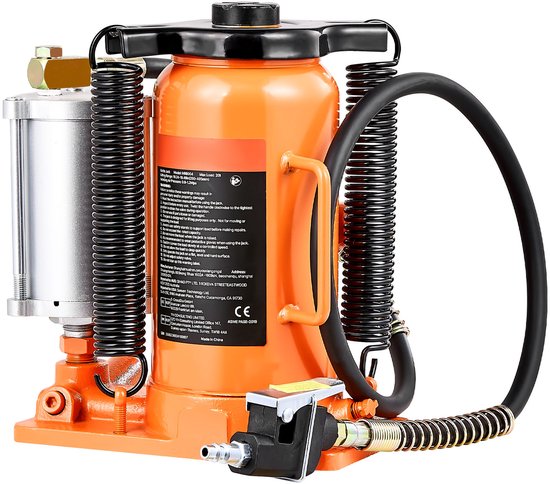 Oranje luchthydraulische fleskrik met zilverkleurige cilinder, zwarte veren en slangen, en oranje handgrepen.