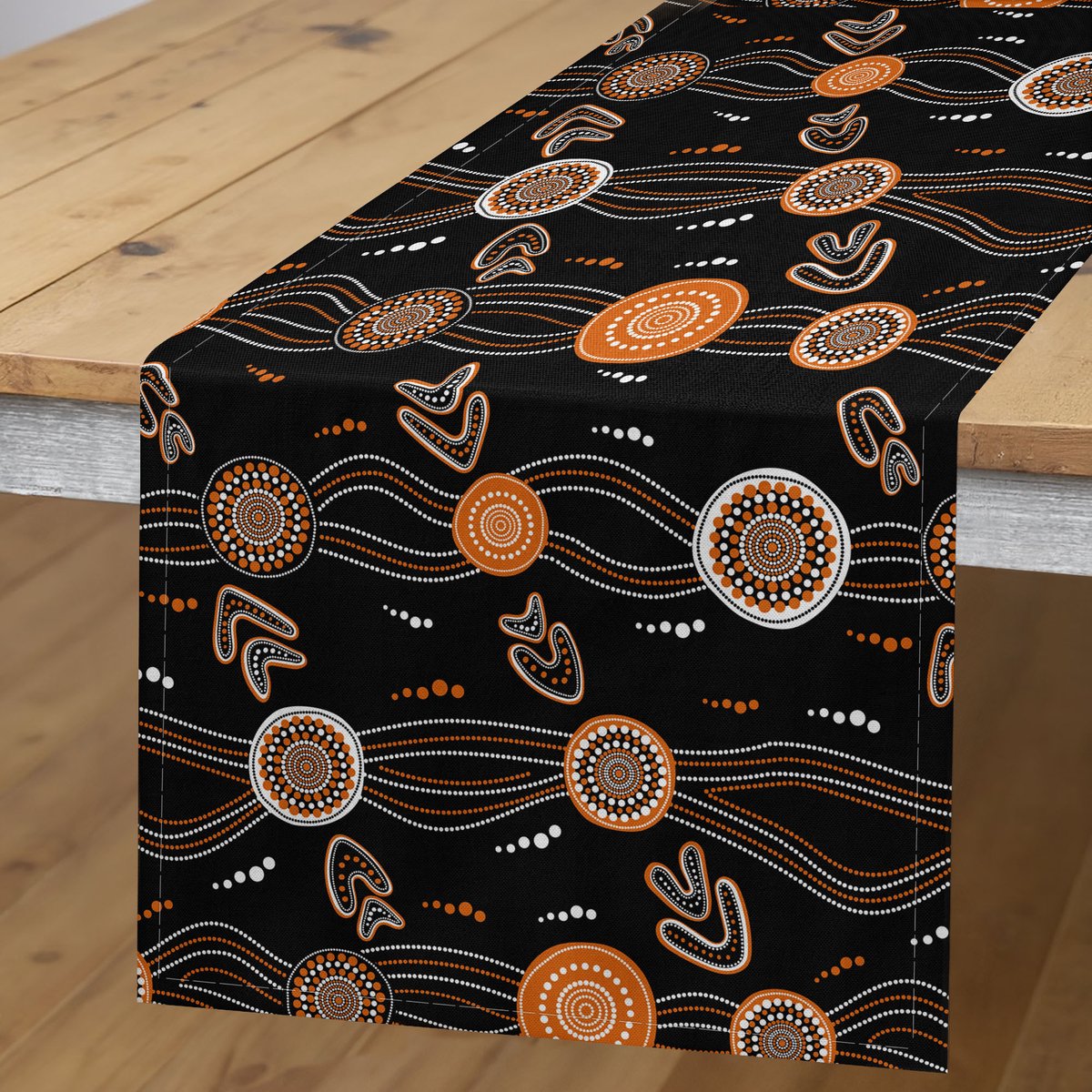 ABAKUHAUS tafel-loper Aboriginal – Golven Boemerang – 40x300 cm – Oranje