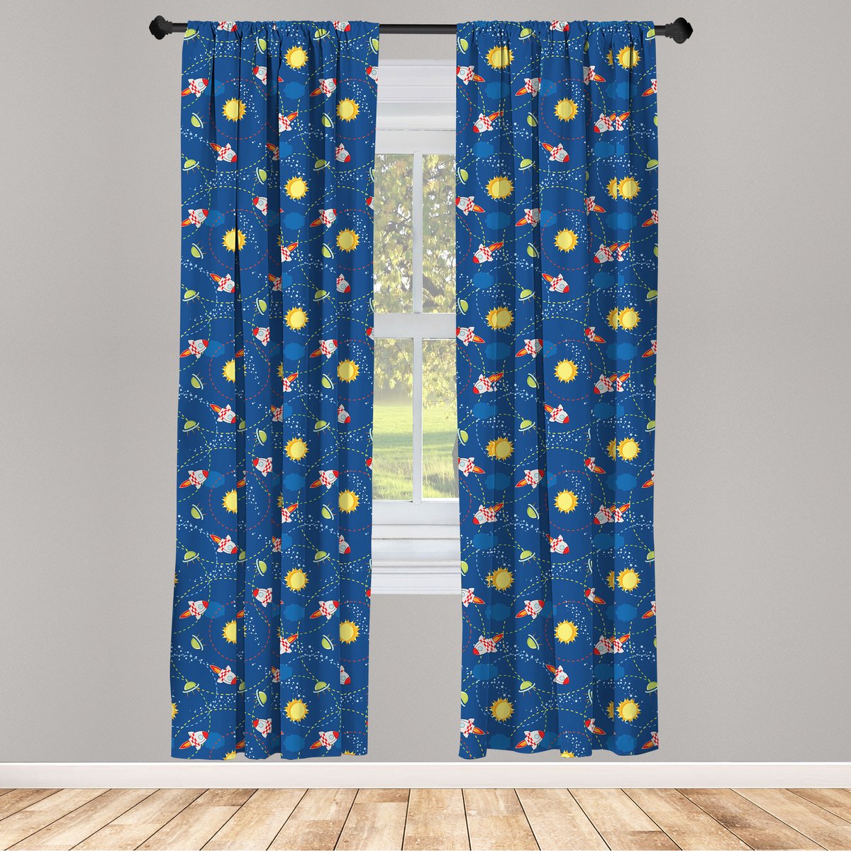 ABAKUHAUS Platz – Gordijnen 2x75x175 cm – Cartoon raket – Veelkleurig