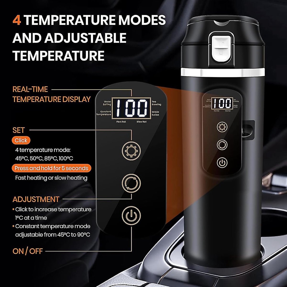 Auto waterkoker - Reis waterkoker - 500 ml - 12V/24V aansluiting- Roestvrij - Met beeldscherm - Instelbare temperatuur - Automatische uitschakeling - Lekpreventie - Temperatuurweergave - Geschikt voor kleine auto's - Zwart — afbeelding 2