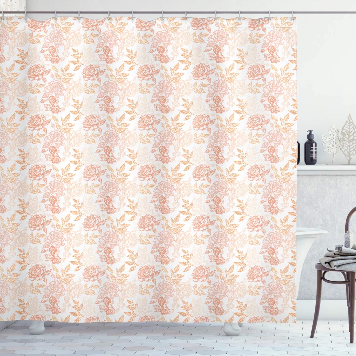 ABAKUHAUS Vintage roze douchegordijn – 175 × 180 cm – perzik wit