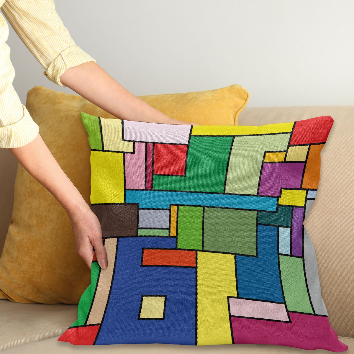 ABAKUHAUS Kunst Kussenhoes, Levendig Mondrian Vierkanten, Met Ritssluiting, Wasbaar, Dubbelzijdige Digitale Print, Heldere Kleuren, Hoogwaardige Stof, 40 x 40 cm, Meerkleurig
