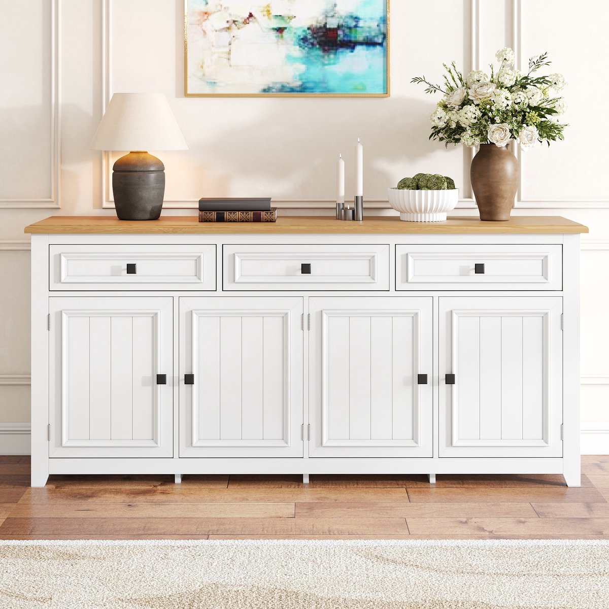 Re-purelife® Moderne Sideboard/Dressoir Met Veel Opbergruimte - Grote Opbergkast - Alles-In-Één Opbergoplossing Met 4 Deuren & 3 Lades - Robuuste Constructie - Voor Woonkamer, Slaapkamer, Keuken of Hal - 160*35*76 CM - Wit