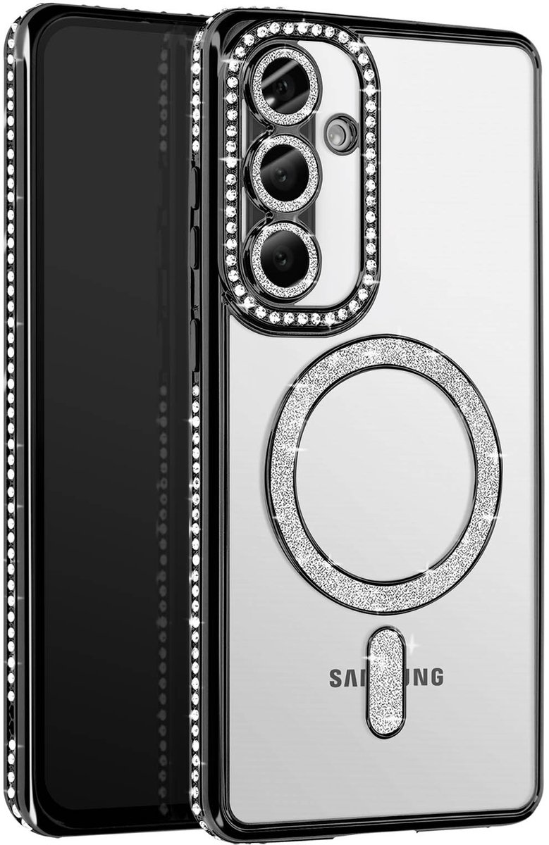 Avizar Diamond hoesje Geschikt voor Samsung Galaxy A36 MagSafe Omtrek Strass, Zwart