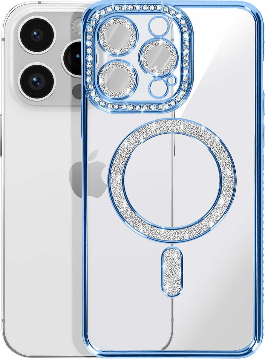 Avizar Diamond hoesje Geschikt voor Apple iPhone 14 Pro MagSafe Omtrek Strass, Blauw