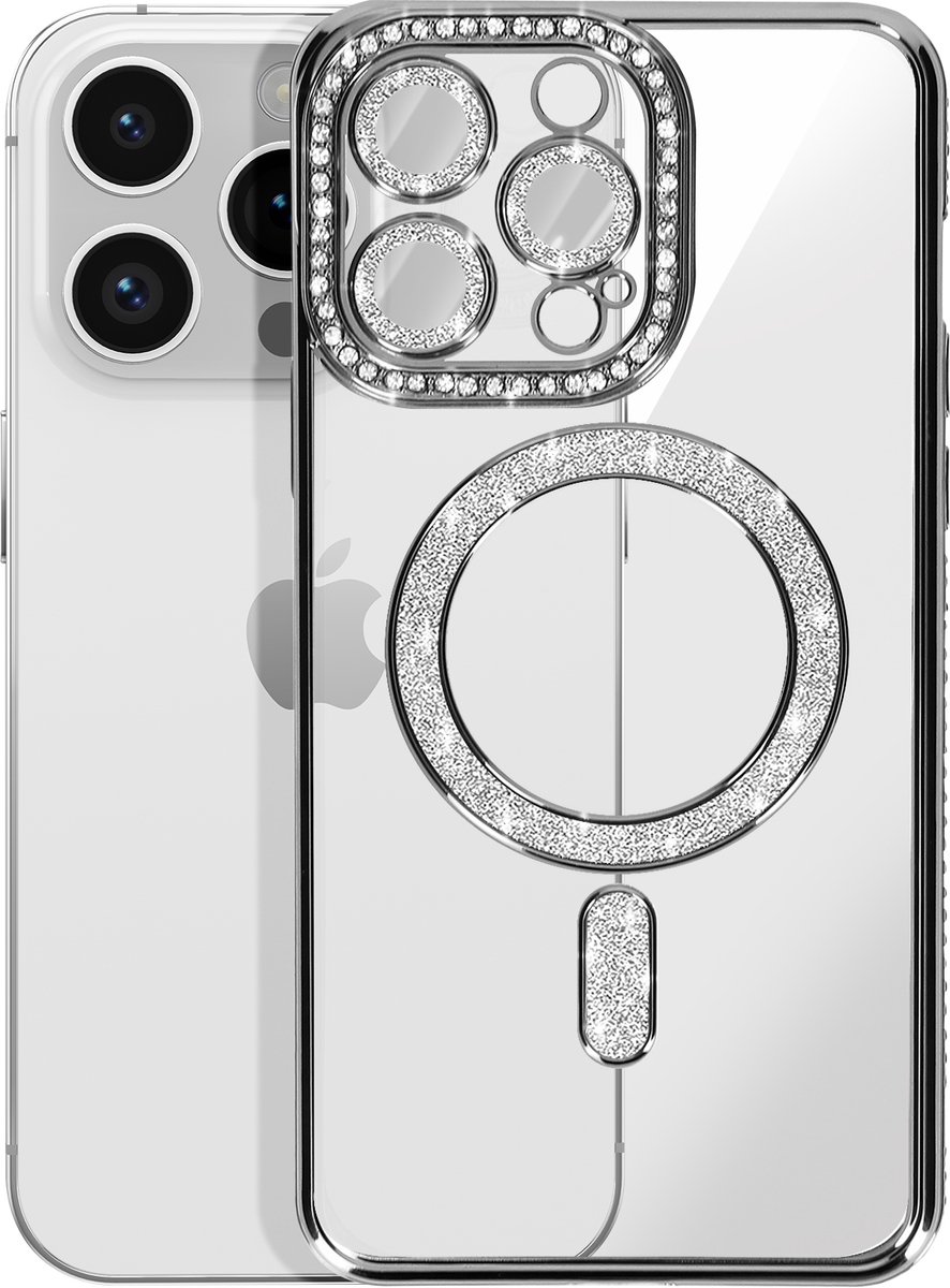 Avizar Diamond hoesje Geschikt voor Apple iPhone 14 Pro MagSafe Omtrek Strass, Zwart