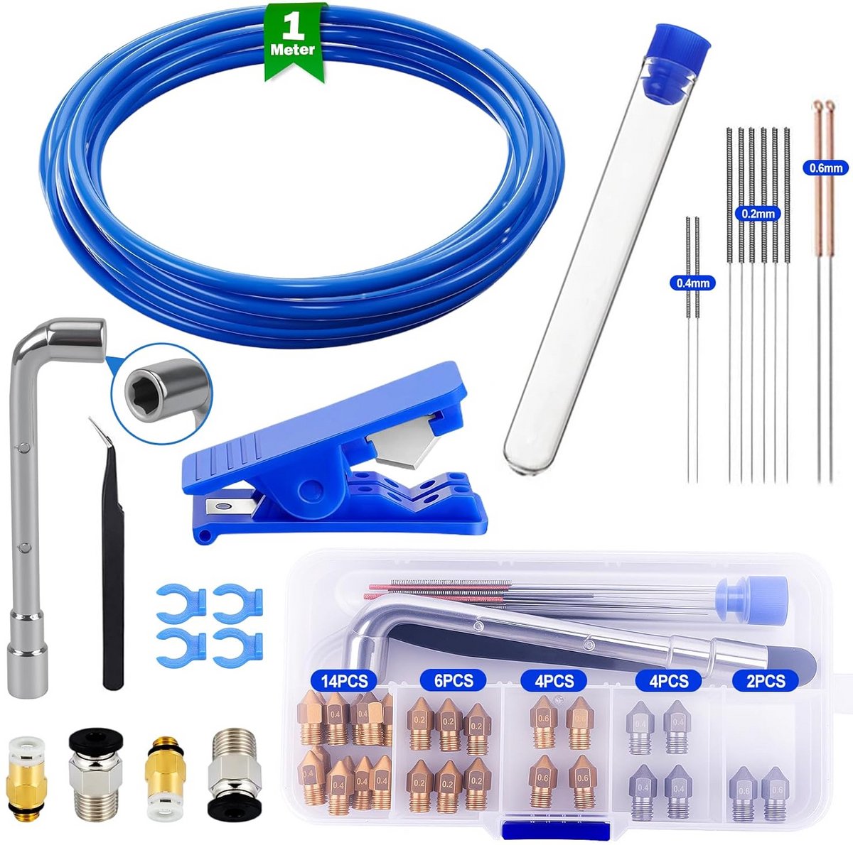 3D-printer accessoireset met PTFE teflonslang en diverse spuitmonden