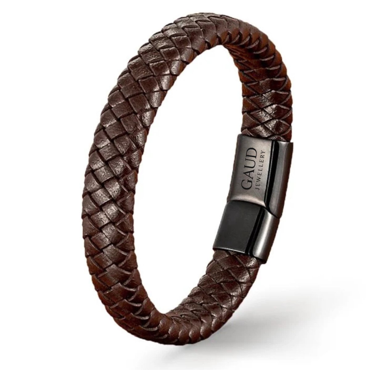 Leren Armband Heren - Gevlochten Bruin Leer - 21 cm - Zwarte RVS Sluiting - Stoere Herenarmband - Perfect als cadeau