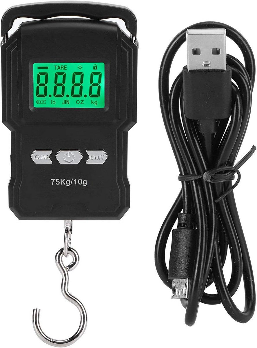 Draagbare Digitale Bagageweegschaal 75kg met LCD, Handheld Hakenweegschaal met Meetlint