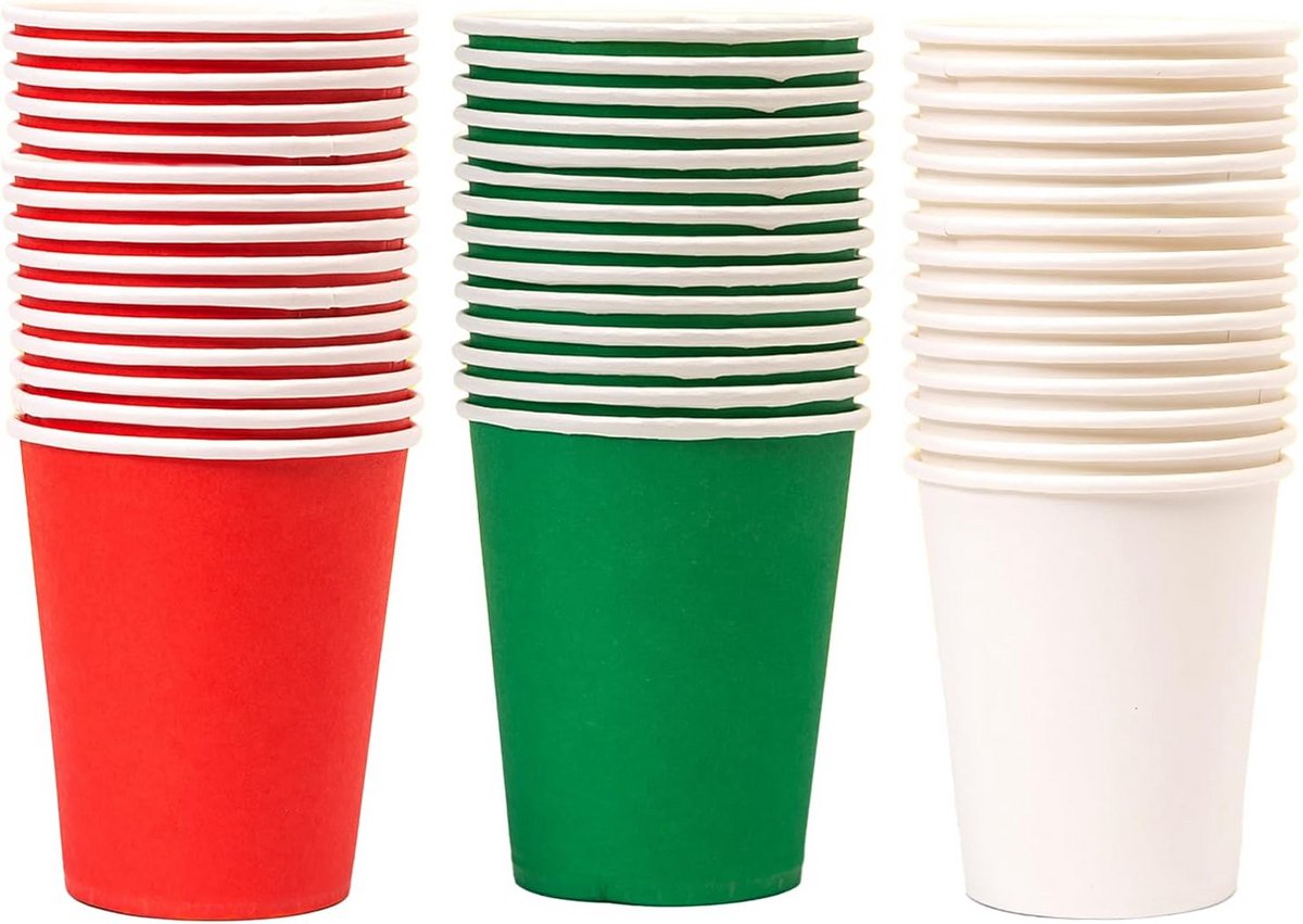 45 Papieren Bekers Rood Wit en Groen voor Kerst en Verjaardagen - Feestservies