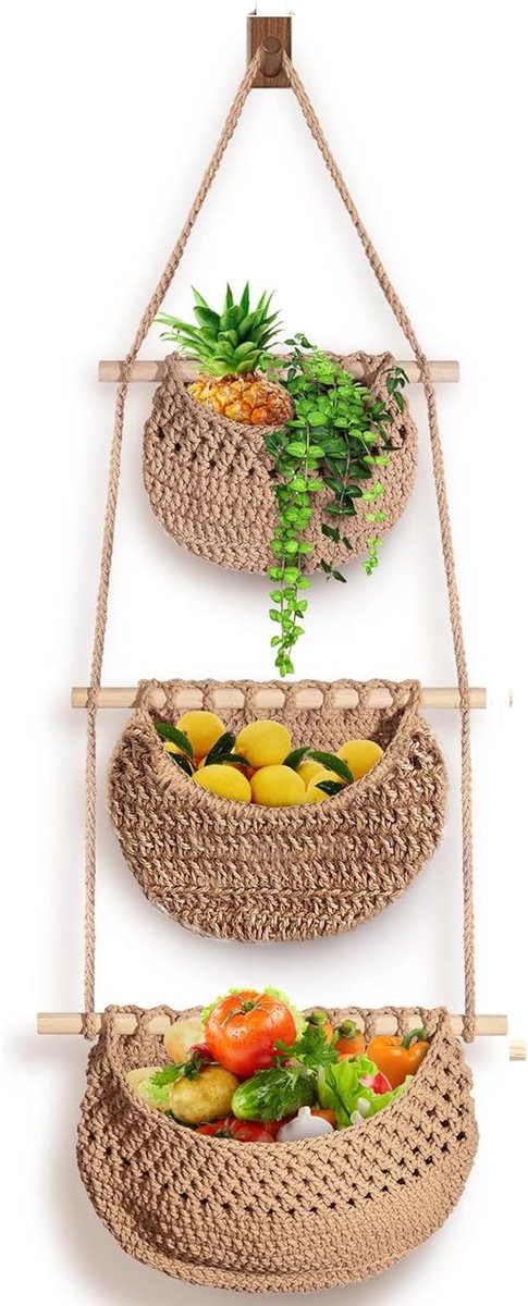 Unyqoos® Drievoudige wandhangmand voor fruit en groente met elegante jute afwerking