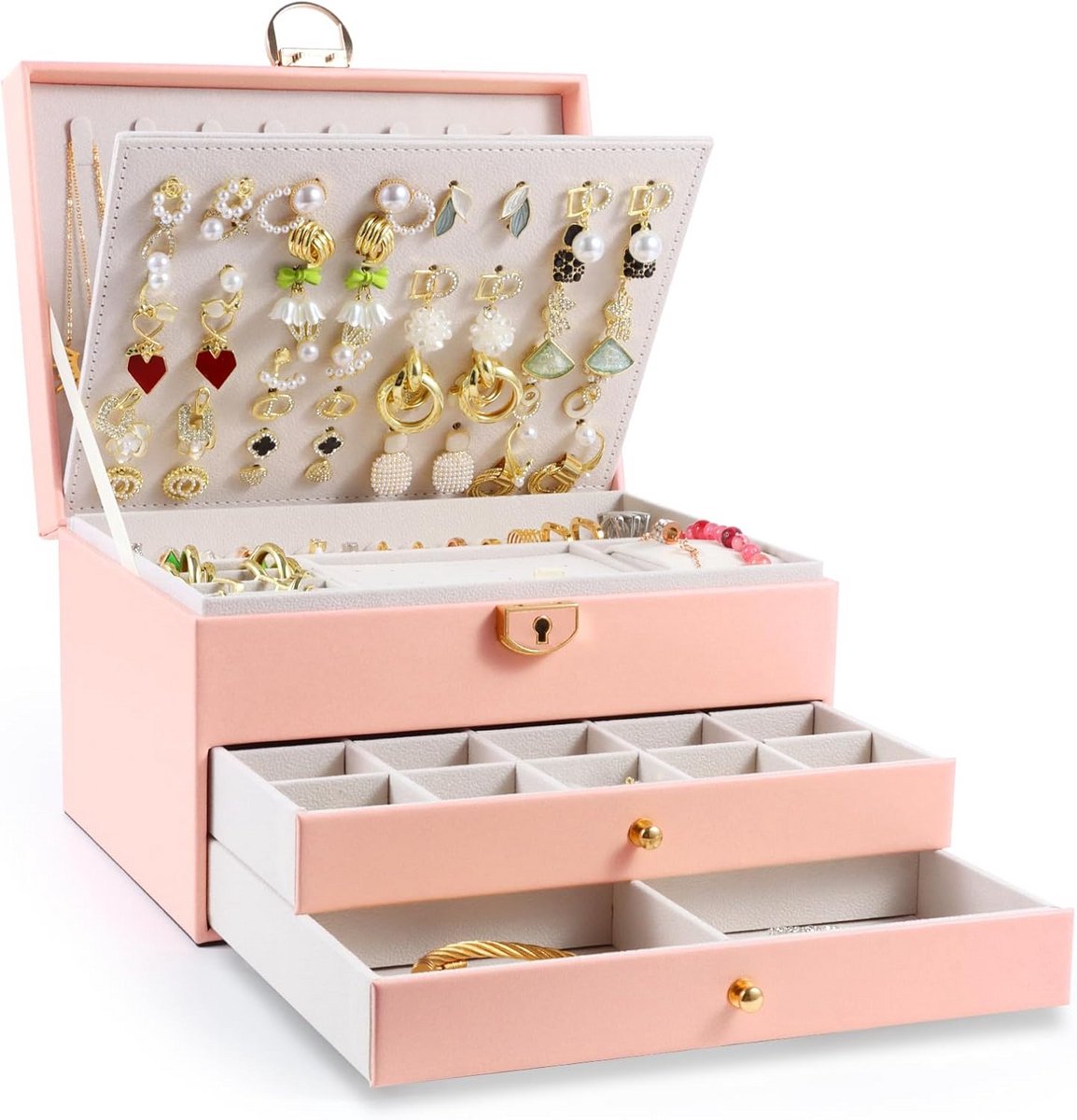 Luxe Sieradendoos met 3 Lagen en Afneembaar Dienblad - Ideale Sieradenopslag en Cadeau