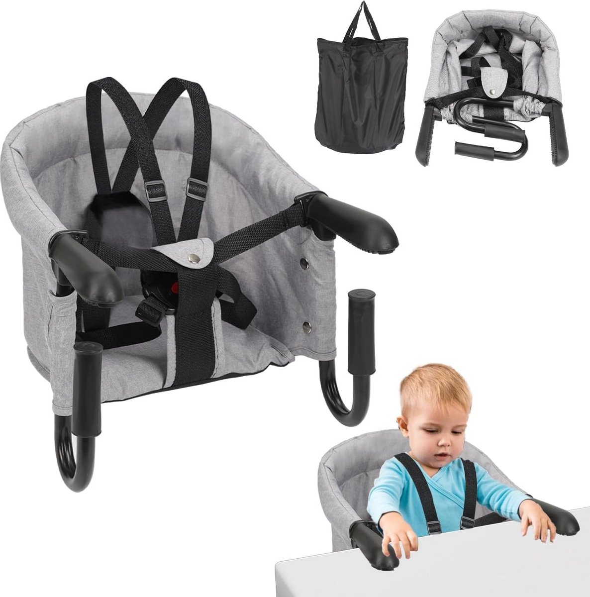 Tafelhangstoel Grijs - Opvouwbare Kinderstoel - Baby Eetstoel - Kinderstoel Inklapbaar - Babystoel voor aan Tafel - Compact inklapbaar