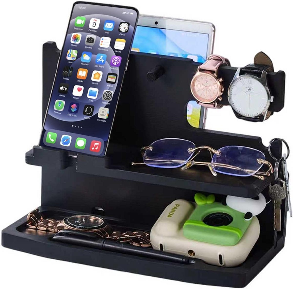 Houten Telefoon Docking Station Organizer voor Mannen - Bureau & Nachtkastje Oplader Stand