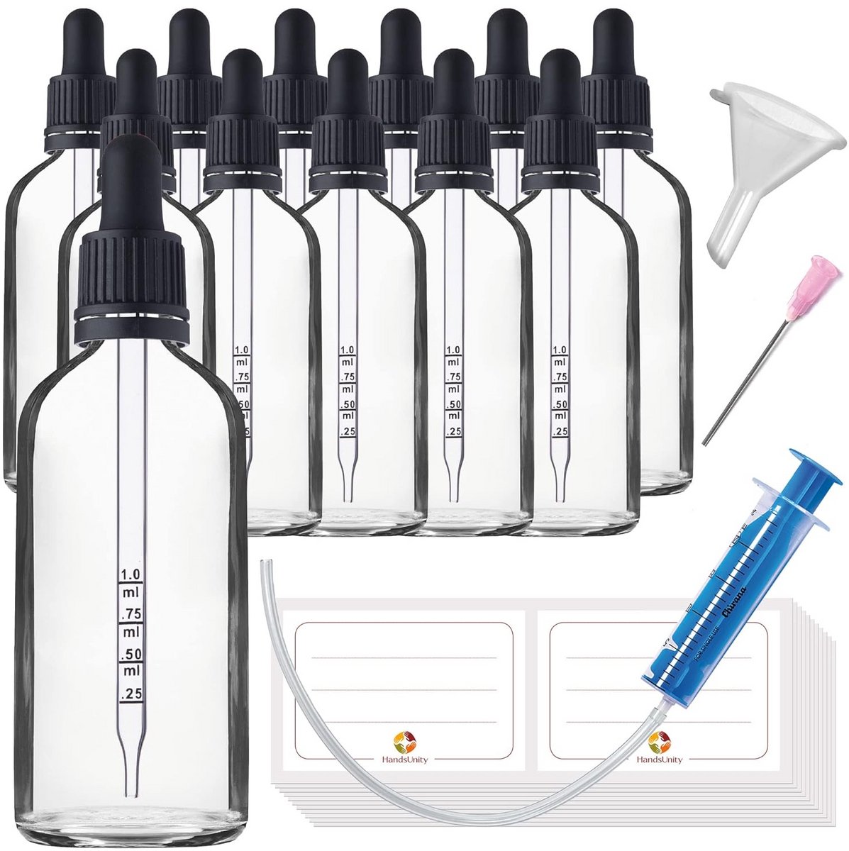 Glazen Pipetflesjes Set 12 Stuks 100ml Incl. Pipetdoppen en Vulaccessoires