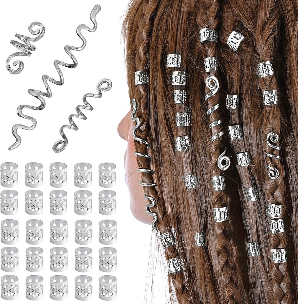 28x Verstelbare Haarspiralen Clips & Dreadlocks Kralen voor Vlechten - Zilver