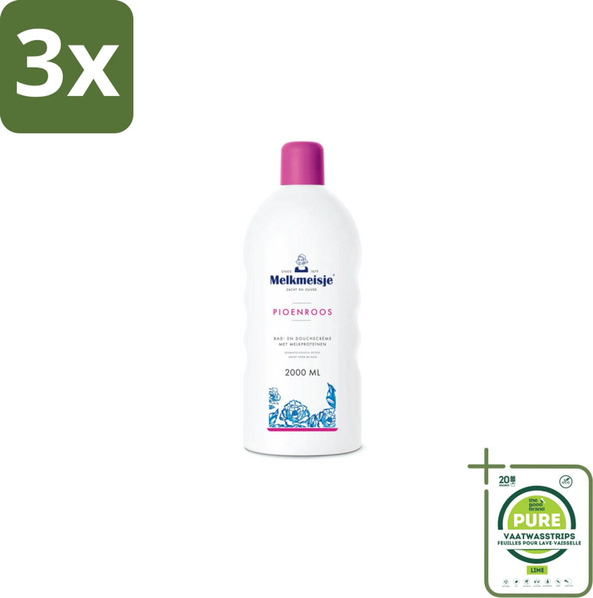 3 x Melkmeisje Bad en Douche Crème Pioenroos 2000 ml - Grootverpakking - Douchecrème - Pioenroos - Melkmeisje - Verzorging - Hydratatie