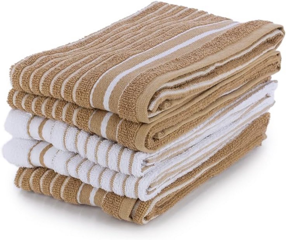 5x Keukendoeken Set van Gerecycled Katoen - Absorberende Afwasdoeken in Bruin en Wit
