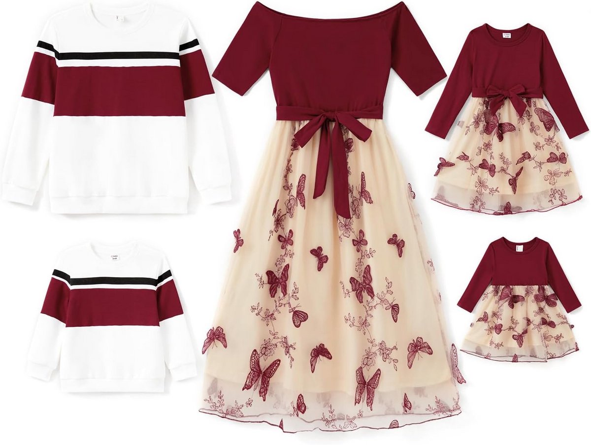 Coördinerende Familieoutfits Set Lange Mouwen Jurken en T-shirts voor Herfst en Lente