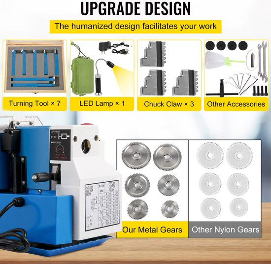 Upgrade mini-metaaldraaibank met accessoires, inclusief 7 draaigereedschappen, LED-lamp, 3 klauwklauwen, metalen en nylon tandwielen.