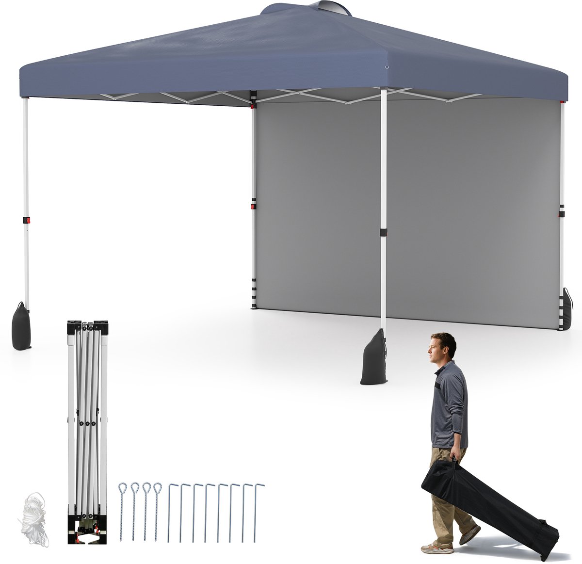 COSTWAY 3 x 3 m pop-up paviljoen met zijwand, draagbaar tuinpaviljoen incl. schaduwgever met roltas, 8 haringen, 4 ankers, 4 scheerlijnen en 4 zandzakken, outdoor-partytent (grijs)