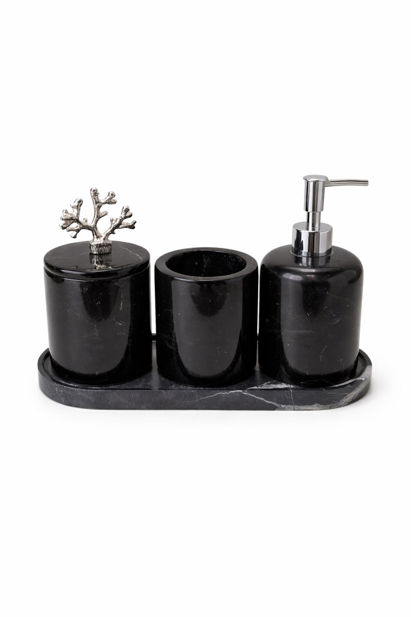 Marmeren Badkameraccessoires Set – 4-delig – Tray, Zeepdispenser,Tandenborstelhouder , Opbergpot – Zwart Natuursteen – Luxe Afwerking met Zilveren Details