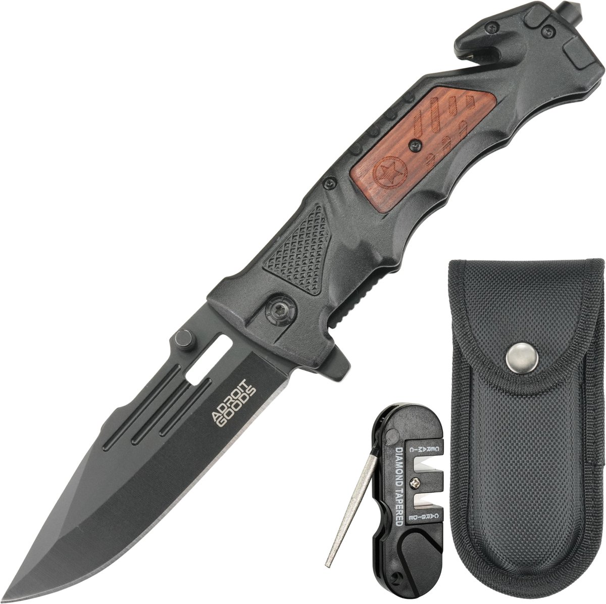 Cover van AdroitGoods Tactisch RVS zakmes met aluminium en rood hout, incl. hoes en slijptool - Opvouwbaar Zakmes – 19 cm Outdoor Vouwmes met 3.5 mm Dikke 3Cr13 RVS Snede, Aluminium + Rood Sandelhout Handgreep