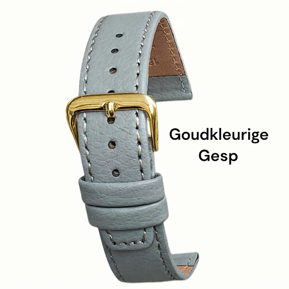 Horlogeband-horlogebandje-20mm-echt leer-zacht-mat-grijs-zacht-plat-goudkleurige gesp -20 mm