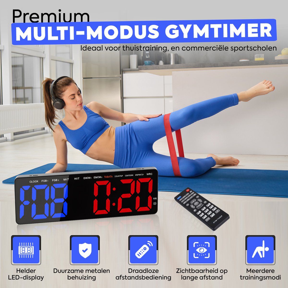 Minuteur à Intervalles LED Avec Télécommande - 5 Fonctions (Chrono, Compte à Rebours, Horloge) - Pour Sport, Fitness, Entraînement - 5