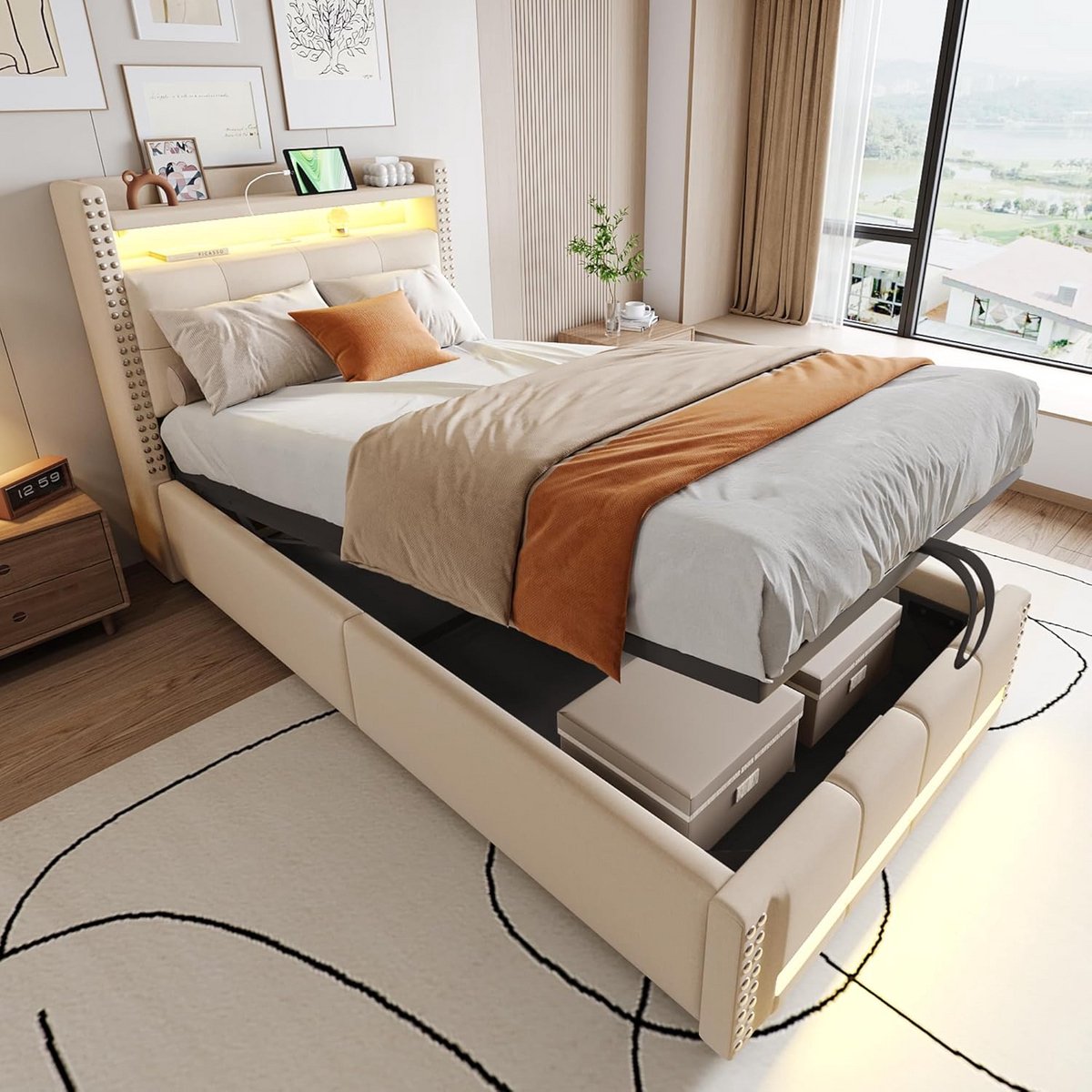 Gestoffeerd Eenpersoonsbed 90x200 cm met Opbergruimte, LED Verlichting en USB-poort - Beige