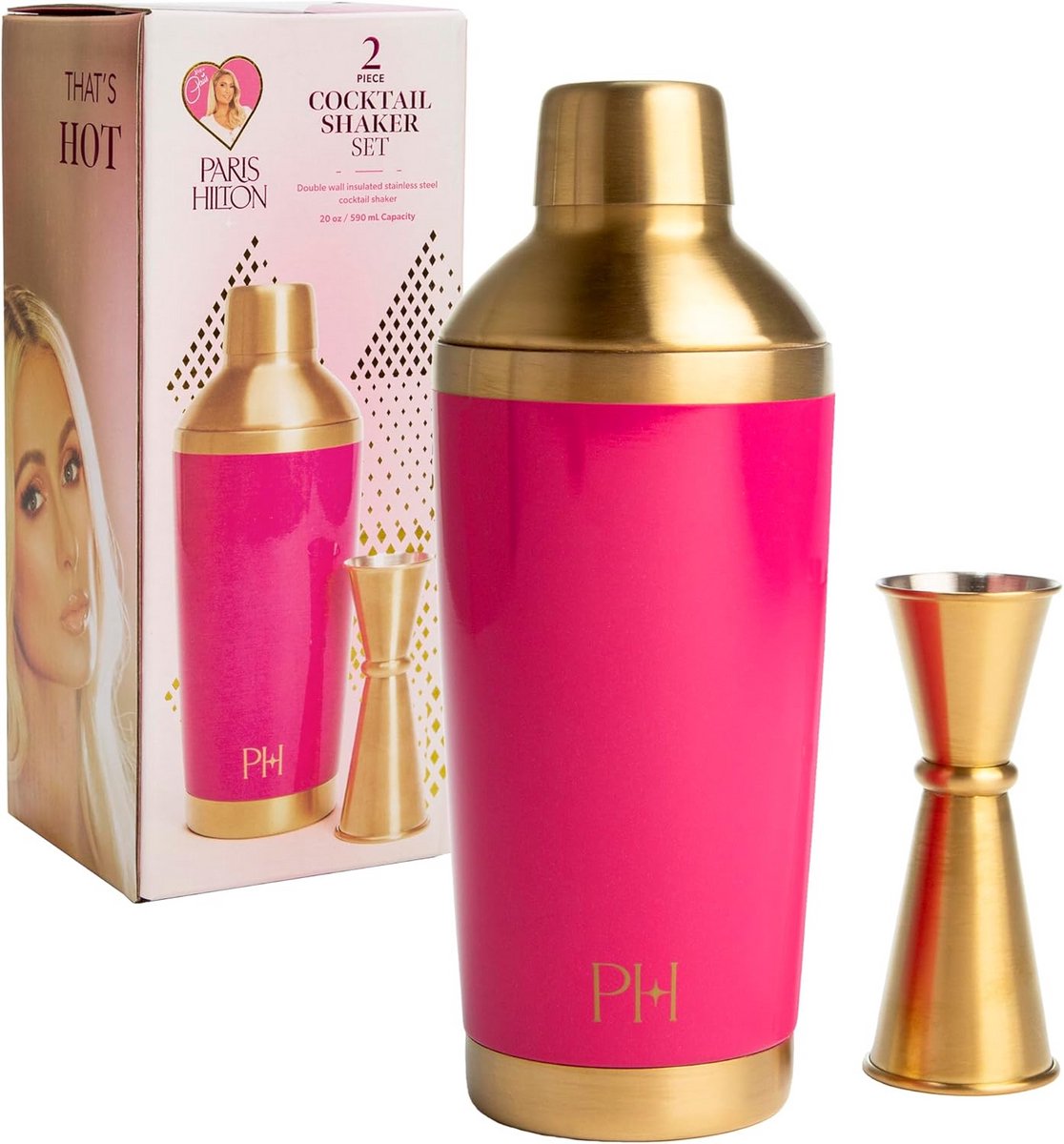 Cocktail Shaker Set 2-Delig - Geïsoleerd RVS, Goud en Roze - Inclusief Zeef en Jigger