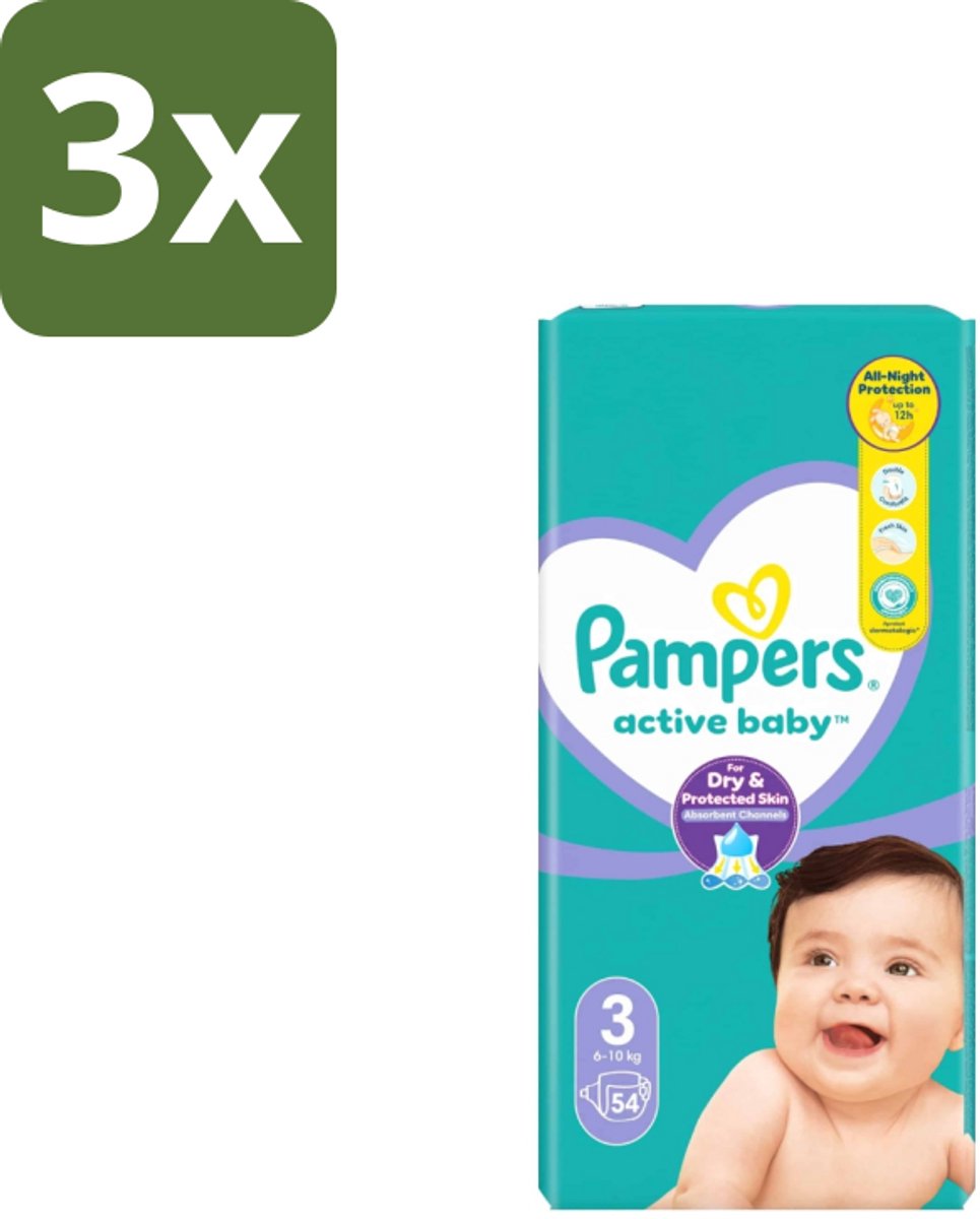 3 x Pampers – Luiers – Active Baby Maat 3 – 54 Luiers - Baby Luiers - Droge Nacht - Luchtdoorlatende Luier - Vocht Absorberend - Dermatologisch Getest