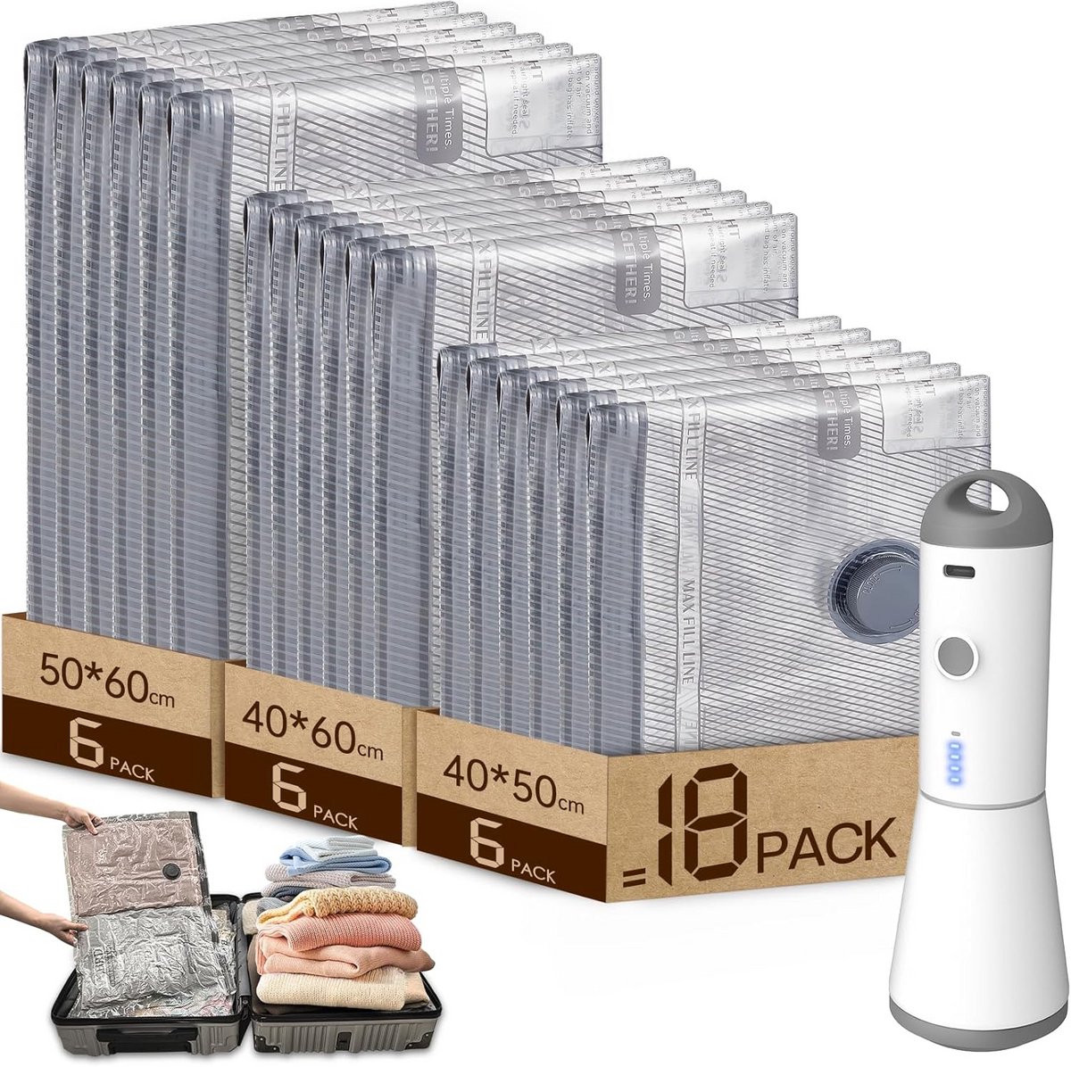 18x Vacuümzakken (Verschillende Maten) voor Kleding en Beddengoed met Cordless Pomp