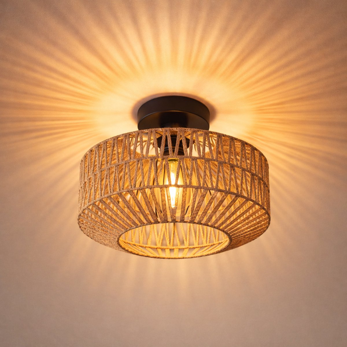 WoonWonder Bamboe Rotan Plafondlamp Ø30 cm – Plafonnière – E27 – Naturel – IP20