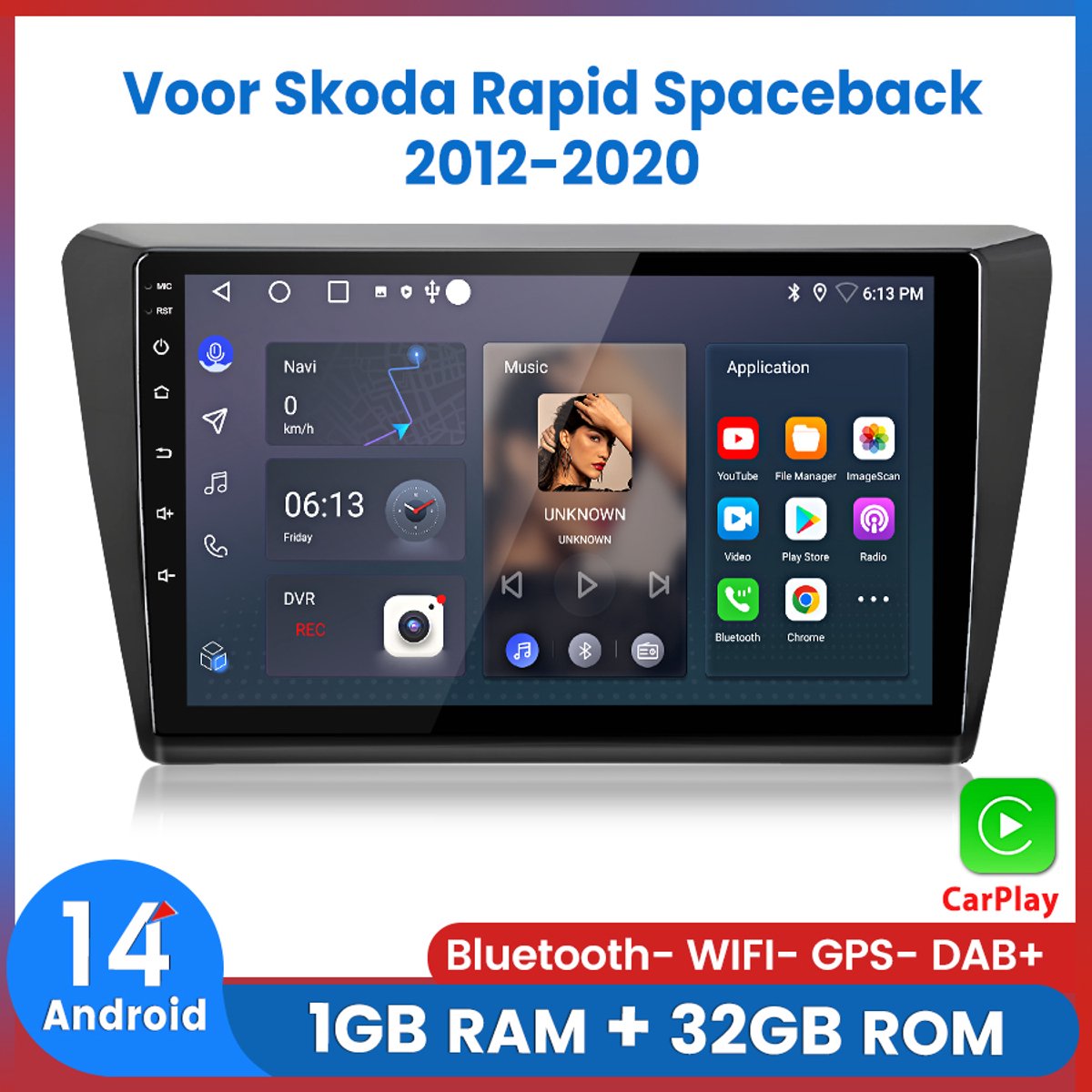 Awesafe Autoradio - Voor Skoda Rapid 2012 t/m 2020 - Draadloos Apple Carplay & Android Auto - 4 Core processor - Bluetooth & Wifi GPS Navigatie - 1GB + 32GB - Radio Scherm - 2012 2013 2014 2015 2016 2017 2018 2019 2020