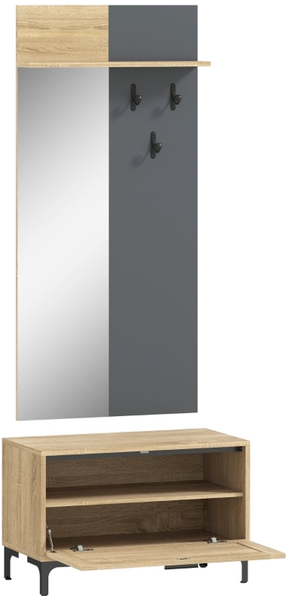 Clruro Kledingkast - 120x40x50 cm - Garderobeset Met Schoenbank, Spiegel & 3 Haken - Open Opbergruimte Voor Hal - Hout - Natuurlijk/Grijs Natuurlijk Hout