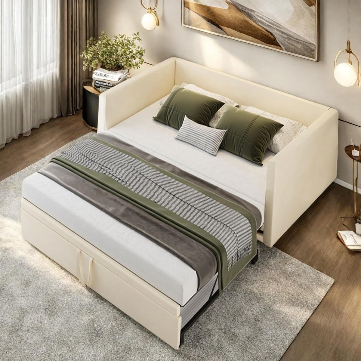 Multifunctioneel Slaapbank 90/180x200 cm - Uittrekbaar Daybed met Lattenbodems en Velours Bekleding