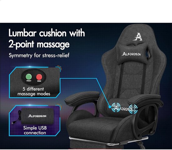 Ergonomische Gamingstoel met Massage Lendensteun - In Hoogte Verstelbare Draaistoel - Stof Grijs — afbeelding 4