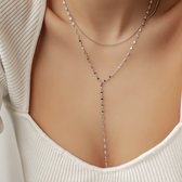 Hey Happiness Gelaagde Kralen- en Platte Rolo Y-Halsketting Dames Roestvrij Staal 18K Zilver Verguld - 41-46 cm Verstelbaar - Jasseron Ketting - Zilver