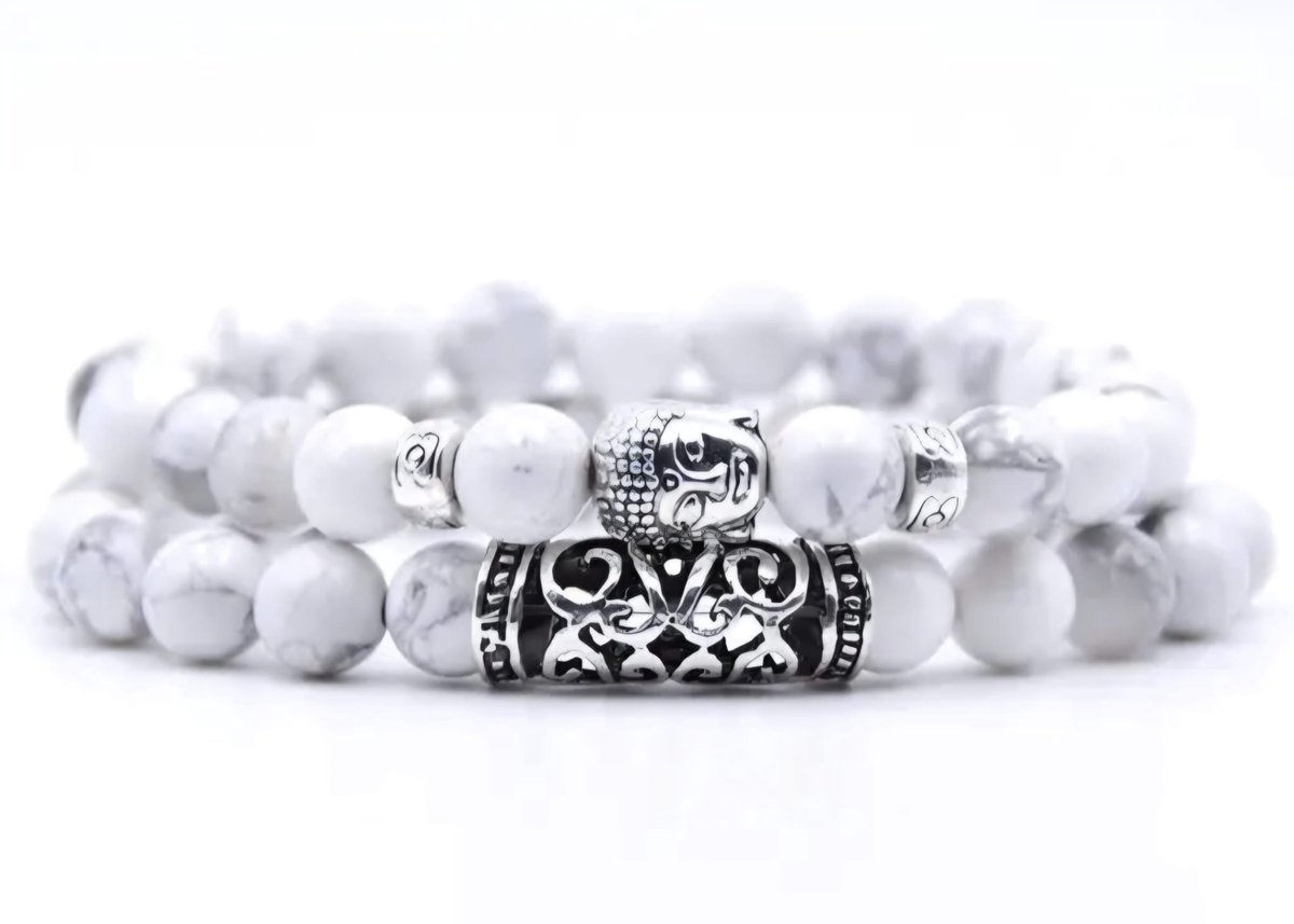 S4H Howliet Armband – 2-delige Set – Witte Howliet Edelsteen voor Rust & Balans – Buddha Armband – Handgemaakt Unisex Sieraad