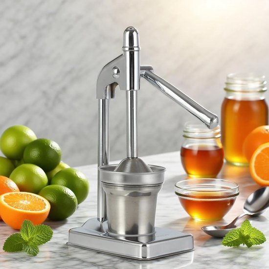 Handbediende Sapcentrifuge, Professionele Citruspers voor Sinaasappels, Citroenen, Grapefruits & Granaatappels, gemaakt van Robuust Gietijzer & Roestvrij Staal, Inclusief Beker, Vaatwasmachinebestendig - Zilver（Kunststof Handvat） van Merkloos — afbeelding 3